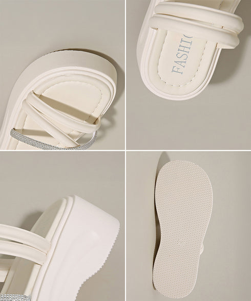 厚底サンダル クロスストラップ夏靴 軽量 キラキララインストーンサンダル レディース 歩きやすい韓国風プラットフォームサンダル おしゃれ 疲れないシューズ美脚脚長 3JIANLONG-080