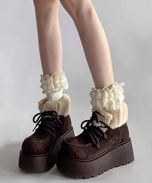 厚底ムートンブーツもこもこショートブーツ レディース レースアップブーツ 防寒シューズ 履きやすい裏起毛ブーティ 歩きやすい あったかシューズ 大人可愛い軽量冬靴 3JIANLONG-081