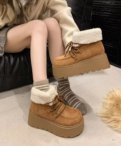 厚底ムートンブーツもこもこショートブーツ レディース レースアップブーツ 防寒シューズ 履きやすい裏起毛ブーティ 歩きやすい あったかシューズ 大人可愛い軽量冬靴 3JIANLONG-081
