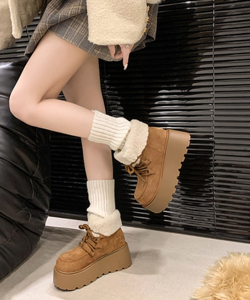 厚底ムートンブーツもこもこショートブーツ レディース レースアップブーツ 防寒シューズ 履きやすい裏起毛ブーティ 歩きやすい あったかシューズ 大人可愛い軽量冬靴 3JIANLONG-081