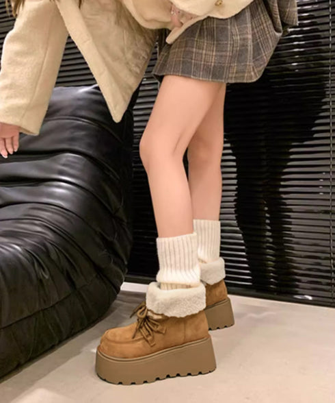 厚底ムートンブーツもこもこショートブーツ レディース レースアップブーツ 防寒シューズ 履きやすい裏起毛ブーティ 歩きやすい あったかシューズ 大人可愛い軽量冬靴 3JIANLONG-081