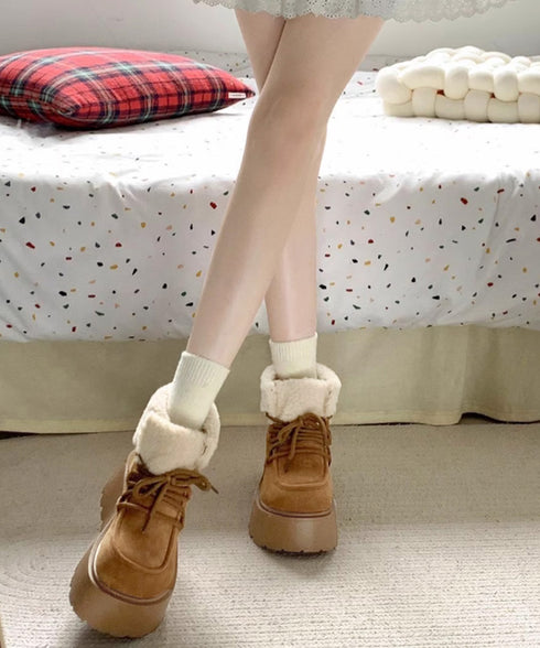 厚底ムートンブーツもこもこショートブーツ レディース レースアップブーツ 防寒シューズ 履きやすい裏起毛ブーティ 歩きやすい あったかシューズ 大人可愛い軽量冬靴 3JIANLONG-081