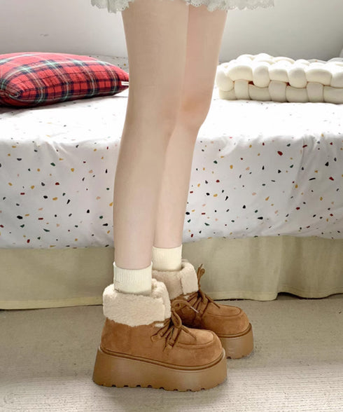 厚底ムートンブーツもこもこショートブーツ レディース レースアップブーツ 防寒シューズ 履きやすい裏起毛ブーティ 歩きやすい あったかシューズ 大人可愛い軽量冬靴 3JIANLONG-081