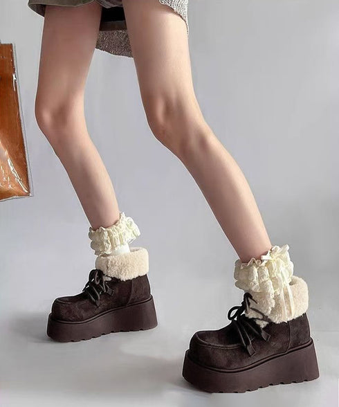厚底ムートンブーツもこもこショートブーツ レディース レースアップブーツ 防寒シューズ 履きやすい裏起毛ブーティ 歩きやすい あったかシューズ 大人可愛い軽量冬靴 3JIANLONG-081