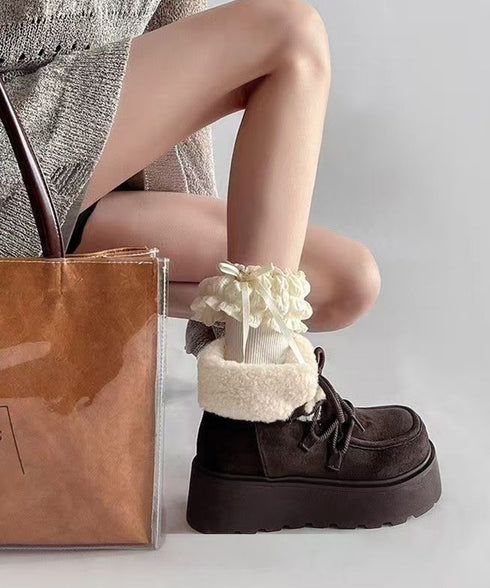 厚底ムートンブーツもこもこショートブーツ レディース レースアップブーツ 防寒シューズ 履きやすい裏起毛ブーティ 歩きやすい あったかシューズ 大人可愛い軽量冬靴 3JIANLONG-081