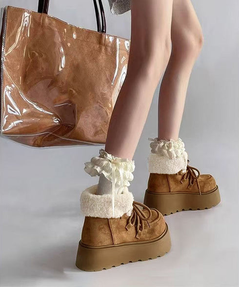 厚底ムートンブーツもこもこショートブーツ レディース レースアップブーツ 防寒シューズ 履きやすい裏起毛ブーティ 歩きやすい あったかシューズ 大人可愛い軽量冬靴 3JIANLONG-081