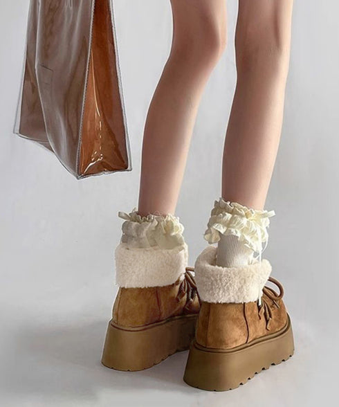 厚底ムートンブーツもこもこショートブーツ レディース レースアップブーツ 防寒シューズ 履きやすい裏起毛ブーティ 歩きやすい あったかシューズ 大人可愛い軽量冬靴 3JIANLONG-081