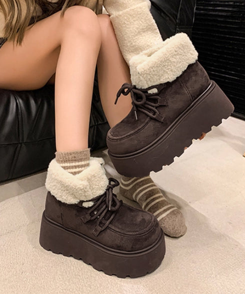 厚底ムートンブーツもこもこショートブーツ レディース レースアップブーツ 防寒シューズ 履きやすい裏起毛ブーティ 歩きやすい あったかシューズ 大人可愛い軽量冬靴 3JIANLONG-081