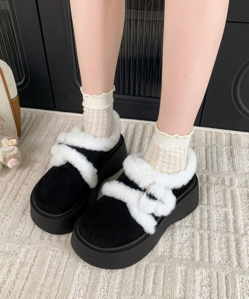 もこもこファー厚底ムートンシューズ裏起毛 レディース韓国風 あったたかフェイクムートンスリッポンブーツ 厚底ショートブーツ 防寒保温ファーブーツ バックルデザイン 3JIANLONG-084