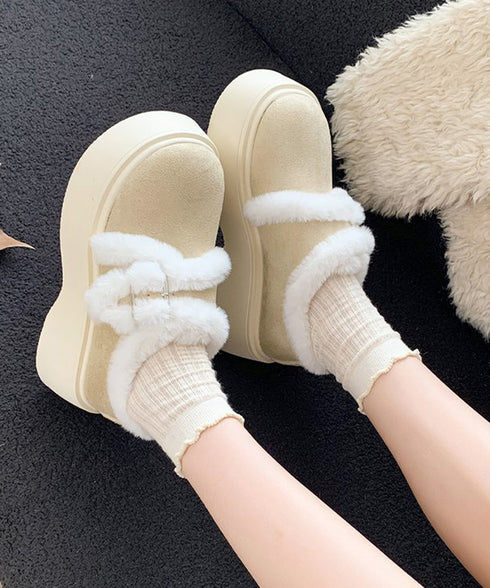 もこもこファー厚底ムートンシューズ裏起毛 レディース韓国風 あったたかフェイクムートンスリッポンブーツ 厚底ショートブーツ 防寒保温ファーブーツ バックルデザイン 3JIANLONG-084