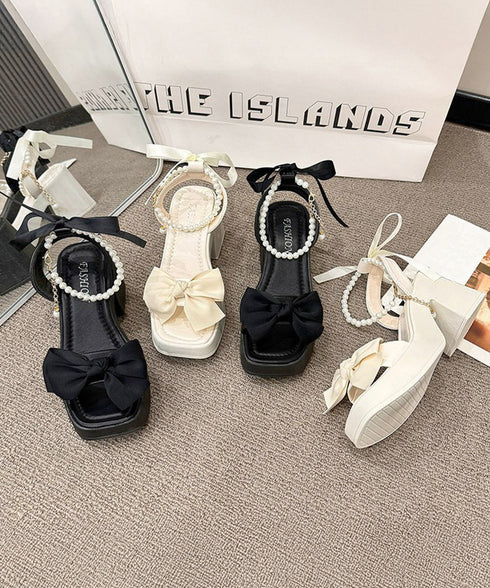 リボン厚底サンダル パールストラップ美脚 レディース 大人可愛い チャンキーヒールサンダル きれいめ 歩きやすい太ヒールサンダル エレガント夏靴 脚長 疲れにくい 3JIANLONG-087