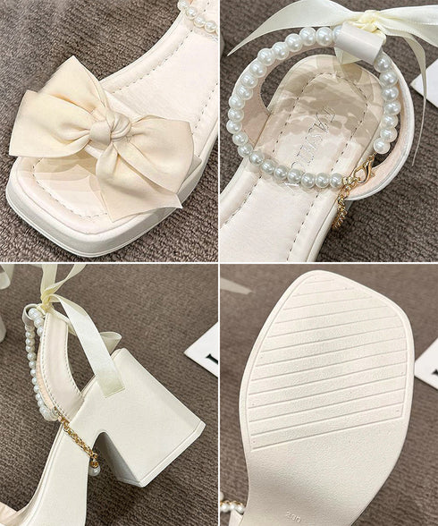 リボン厚底サンダル パールストラップ美脚 レディース 大人可愛い チャンキーヒールサンダル きれいめ 歩きやすい太ヒールサンダル エレガント夏靴 脚長 疲れにくい 3JIANLONG-087