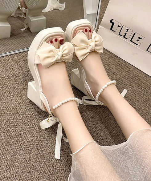 リボン厚底サンダル パールストラップ美脚 レディース 大人可愛い チャンキーヒールサンダル きれいめ 歩きやすい太ヒールサンダル エレガント夏靴 脚長 疲れにくい 3JIANLONG-087