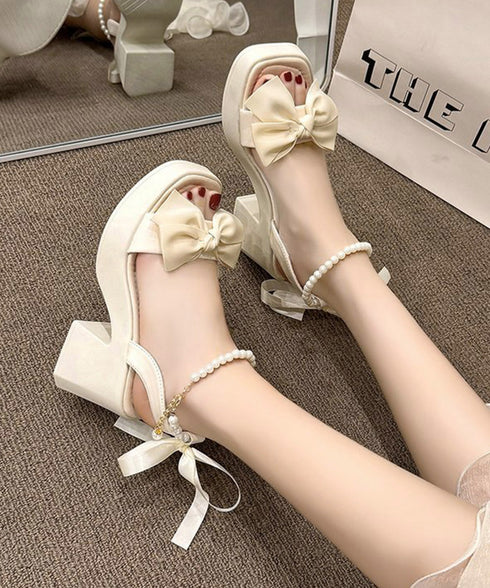 リボン厚底サンダル パールストラップ美脚 レディース 大人可愛い チャンキーヒールサンダル きれいめ 歩きやすい太ヒールサンダル エレガント夏靴 脚長 疲れにくい 3JIANLONG-087