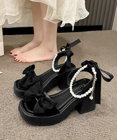リボン厚底サンダル パールストラップ美脚 レディース 大人可愛い チャンキーヒールサンダル きれいめ 歩きやすい太ヒールサンダル エレガント夏靴 脚長 疲れにくい 3JIANLONG-087