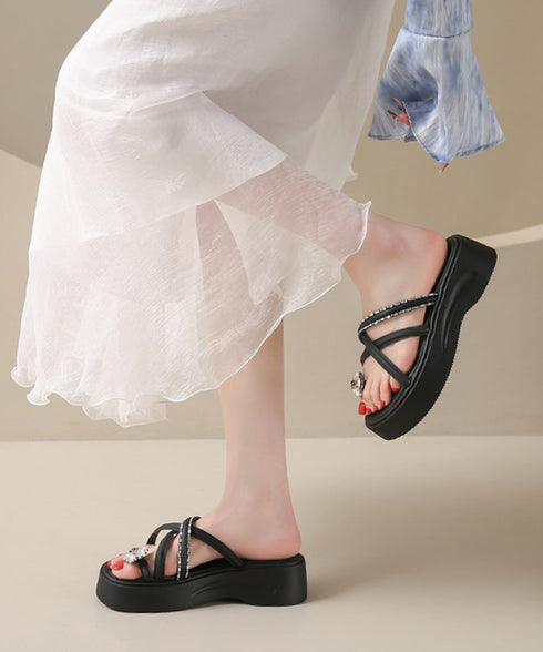 クロスストラップ厚底トングサンダル夏美脚 レディース ビジュー付きミュールサンダル疲れにくい お花モチーフサマーサンダル軽量 大人可愛いキラキラビーチサンダル脚長 3JIANLONG-088