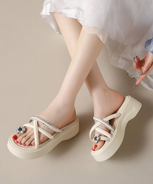 クロスストラップ厚底トングサンダル夏美脚 レディース ビジュー付きミュールサンダル疲れにくい お花モチーフサマーサンダル軽量 大人可愛いキラキラビーチサンダル脚長 3JIANLONG-088