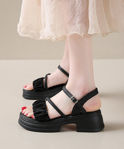 厚底サンダル 太ヒールフリルサンダル美脚 レディースチャンキーヒール夏靴 歩きやすい ベルトサンダル疲れにくい カジュアルきれいめ 大人可愛いギャザー リゾート靴 3JIANLONG-089