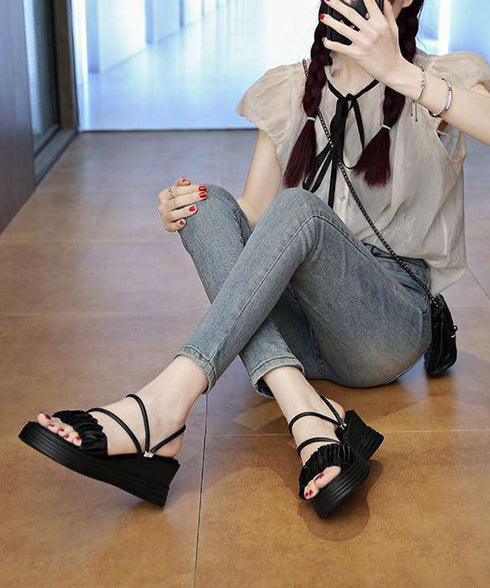 厚底ストラップサンダル美脚ウェッジソール レディース ミュールサンダル 歩きやすいギャザーフリルサンダル 大人可愛いフェミニン カジュアルシューズリゾートサンダル 3JIANLONG-091
