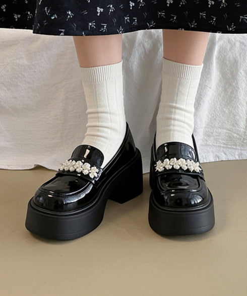 パールビジュー厚底ローファー フェミニン ボリュームソールローファーレディース 歩きやすい 太ヒールパンプス チャンキーヒール PUレザー ドレスシューズ お嬢様 3JIANLONG-093