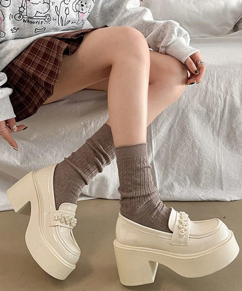 パールビジュー厚底ローファー フェミニン ボリュームソールローファーレディース 歩きやすい 太ヒールパンプス チャンキーヒール PUレザー ドレスシューズ お嬢様 3JIANLONG-093