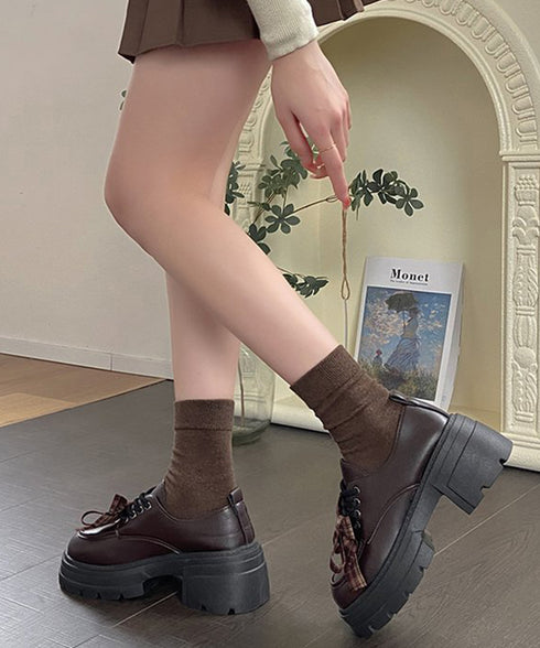 チェックリボン厚底ローファーレースアップ ボリュームソールシューズ レディース 歩きやすいドレスシューズ 疲れにくい マニッシュシューズ 大人可愛いお嬢様メイド靴 3JIANLONG-094