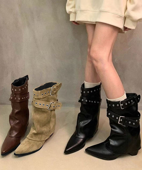 ポインテッドトゥショートブーツ美脚脚長靴 レディースバックルベルトミドルブーツ Y2Kルーズブーツ 走れるカバーブーツ履きやすいエンジニアブーツ韓国風秋冬シューズ 3JIANLONG-098