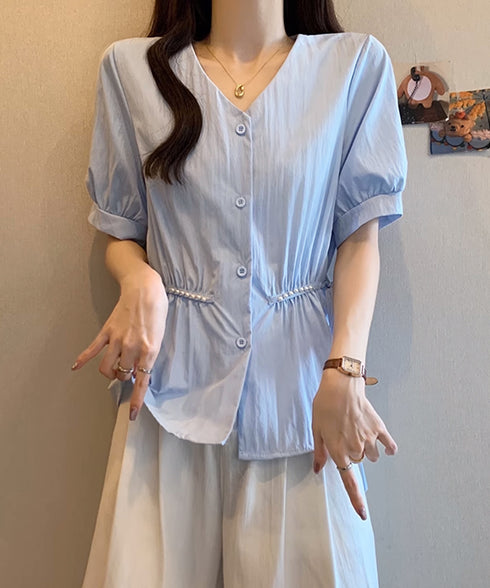 ドロストシャツブラウス パール付夏服半袖 Vネックブラウス ウエストマーク 大人可愛いシャツ白 オフィスカジュアル 着やせゆったり ギャザーシャツ ウエストリボン 3MEILIXQ-003