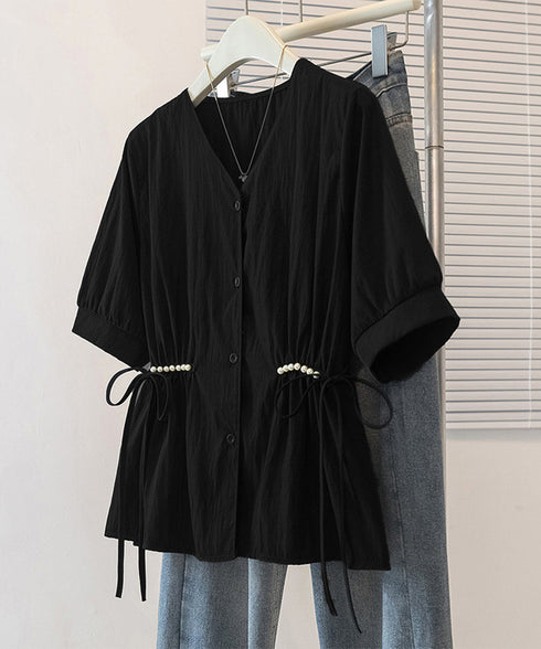 ドロストシャツブラウス パール付夏服半袖 Vネックブラウス ウエストマーク 大人可愛いシャツ白 オフィスカジュアル 着やせゆったり ギャザーシャツ ウエストリボン 3MEILIXQ-003