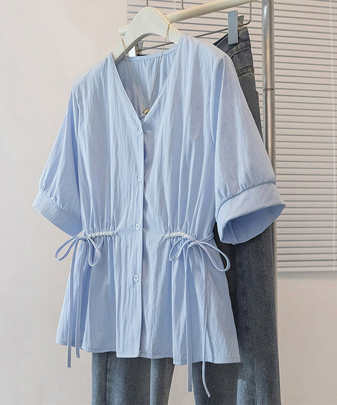 ドロストシャツブラウス パール付夏服半袖 Vネックブラウス ウエストマーク 大人可愛いシャツ白 オフィスカジュアル 着やせゆったり ギャザーシャツ ウエストリボン 3MEILIXQ-003