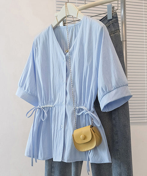 ドロストシャツブラウス パール付夏服半袖 Vネックブラウス ウエストマーク 大人可愛いシャツ白 オフィスカジュアル 着やせゆったり ギャザーシャツ ウエストリボン 3MEILIXQ-003