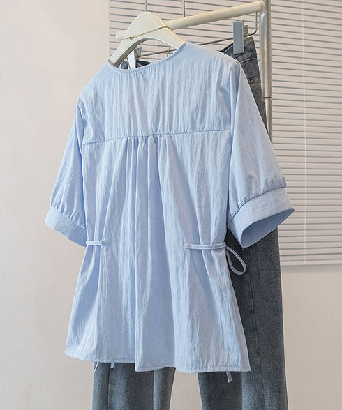 ドロストシャツブラウス パール付夏服半袖 Vネックブラウス ウエストマーク 大人可愛いシャツ白 オフィスカジュアル 着やせゆったり ギャザーシャツ ウエストリボン 3MEILIXQ-003