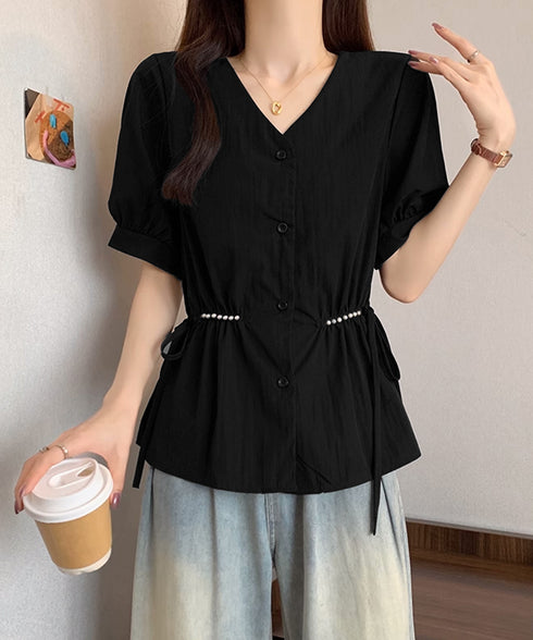 ドロストシャツブラウス パール付夏服半袖 Vネックブラウス ウエストマーク 大人可愛いシャツ白 オフィスカジュアル 着やせゆったり ギャザーシャツ ウエストリボン 3MEILIXQ-003