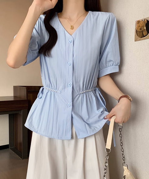 ドロストシャツブラウス パール付夏服半袖 Vネックブラウス ウエストマーク 大人可愛いシャツ白 オフィスカジュアル 着やせゆったり ギャザーシャツ ウエストリボン 3MEILIXQ-003