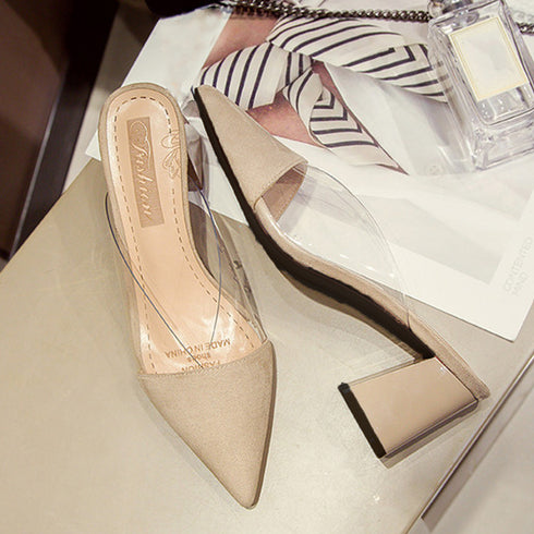 ミュール パンプスサンダル レディース ミュール パンプスサンダル レディース チャンキーヒール ポインテッドトゥ クリア サボサンダル 履きやすい 靴 3MNIFEI-004