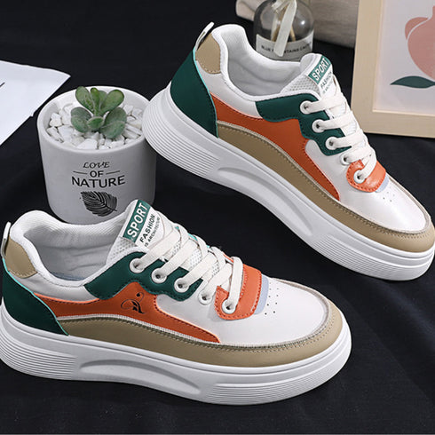 ローカット 配色スニーカーレディース美脚 可愛い カジュアル PUレザー 厚底スニーカー おしゃれ レースアップ フラットシューズ 歩きやすい靴 ボリュームソール 3PINSEN-001