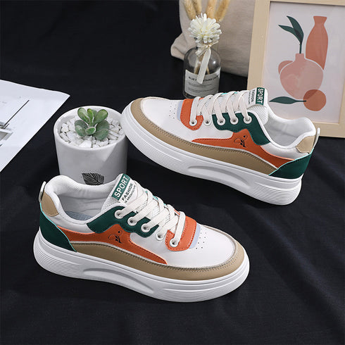 ローカット 配色スニーカーレディース美脚 可愛い カジュアル PUレザー 厚底スニーカー おしゃれ レースアップ フラットシューズ 歩きやすい靴 ボリュームソール 3PINSEN-001