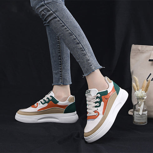 ローカット 配色スニーカーレディース美脚 可愛い カジュアル PUレザー 厚底スニーカー おしゃれ レースアップ フラットシューズ 歩きやすい靴 ボリュームソール 3PINSEN-001