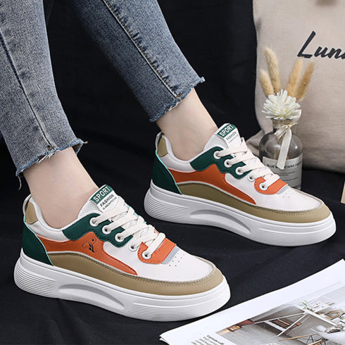 ローカット 配色スニーカーレディース美脚 可愛い カジュアル PUレザー 厚底スニーカー おしゃれ レースアップ フラットシューズ 歩きやすい靴 ボリュームソール 3PINSEN-001