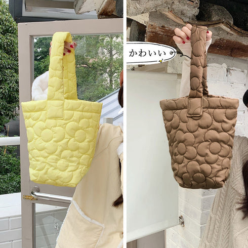 ミニトートバッグ パステルカラー 韓国 キルティングトート お散歩バッグ 花柄ステッチ 大人可愛い バケツバッグ 縦型 ハンドバッグ 手提げカバン おしゃれ 3SBAOB-015