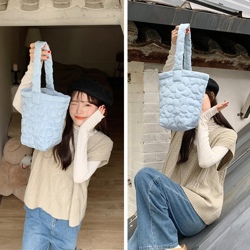 ミニトートバッグ パステルカラー 韓国 キルティングトート お散歩バッグ 花柄ステッチ 大人可愛い バケツバッグ 縦型 ハンドバッグ 手提げカバン おしゃれ 3SBAOB-015