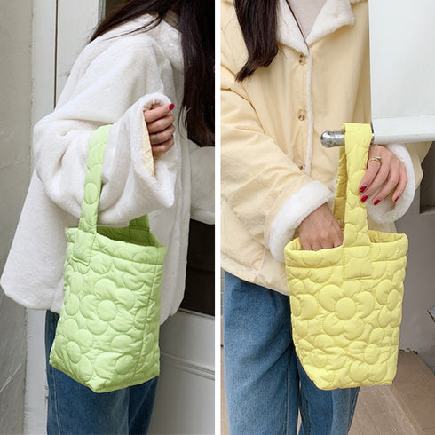 ミニトートバッグ パステルカラー 韓国 キルティングトート お散歩バッグ 花柄ステッチ 大人可愛い バケツバッグ 縦型 ハンドバッグ 手提げカバン おしゃれ 3SBAOB-015