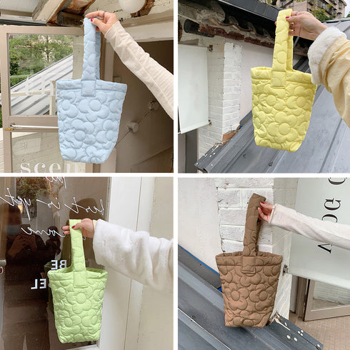 ミニトートバッグ パステルカラー 韓国 キルティングトート お散歩バッグ 花柄ステッチ 大人可愛い バケツバッグ 縦型 ハンドバッグ 手提げカバン おしゃれ 3SBAOB-015