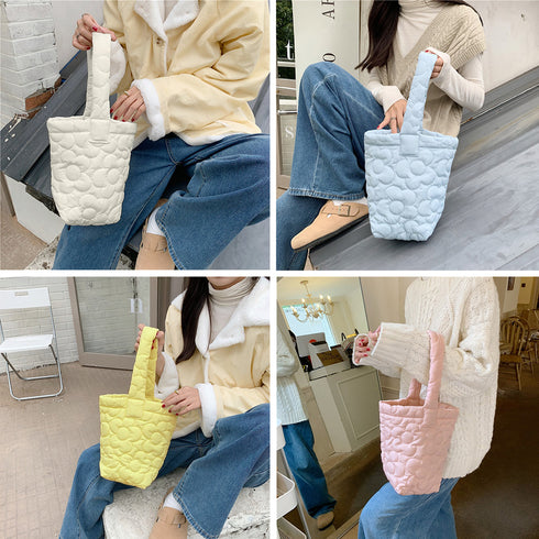 ミニトートバッグ パステルカラー 韓国 キルティングトート お散歩バッグ 花柄ステッチ 大人可愛い バケツバッグ 縦型 ハンドバッグ 手提げカバン おしゃれ 3SBAOB-015