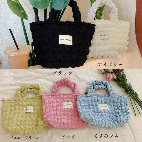 ミニトートバッグ ポップコーン軽量バッグ レディース 可愛い 英字ロゴ キルティング ハンドバッグ ぽこぽこ 韓国風 手提げかばん おしゃれ サブバッグ お出かけ 3SBAOB-016