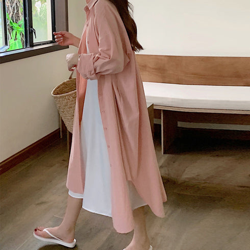 シャツワンピース ロングシャツカーデ レディース 韓国風 カジュアル ロングワンピース 無地 お洒落 アウター 体型カバー 羽織 前開き ロングシャツ 長袖 3XAYAT-014