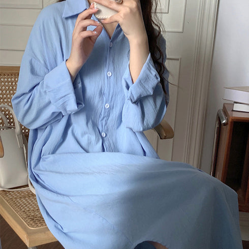 シャツワンピース ロングシャツカーデ レディース 韓国風 カジュアル ロングワンピース 無地 お洒落 アウター 体型カバー 羽織 前開き ロングシャツ 長袖 3XAYAT-014