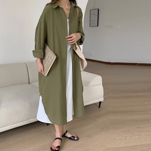 シャツワンピース ロングシャツカーデ レディース 韓国風 カジュアル ロングワンピース 無地 お洒落 アウター 体型カバー 羽織 前開き ロングシャツ 長袖 3XAYAT-014