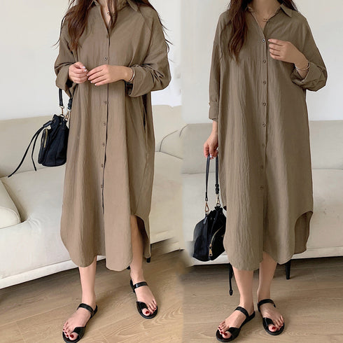 シャツワンピース ロングシャツカーデ レディース 韓国風 カジュアル ロングワンピース 無地 お洒落 アウター 体型カバー 羽織 前開き ロングシャツ 長袖 3XAYAT-014