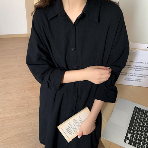 シャツワンピース ロングシャツカーデ レディース 韓国風 カジュアル ロングワンピース 無地 お洒落 アウター 体型カバー 羽織 前開き ロングシャツ 長袖 3XAYAT-014